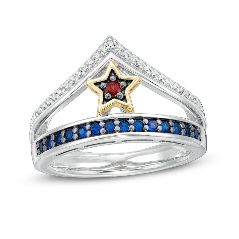 Blue Sapphire, Garnet and Diamond Tiara Ring in Sterling Silver and 10K Gold