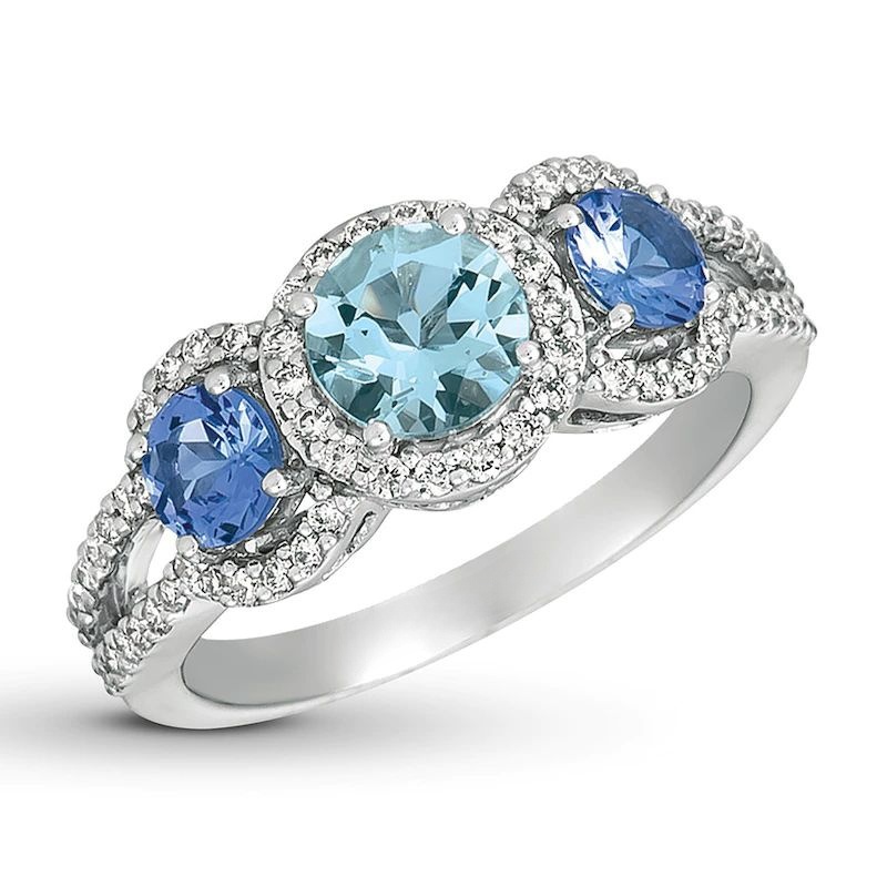 Aquamarine & Tanzanite Ring 1/3 ct tw Diamonds 14K Gold