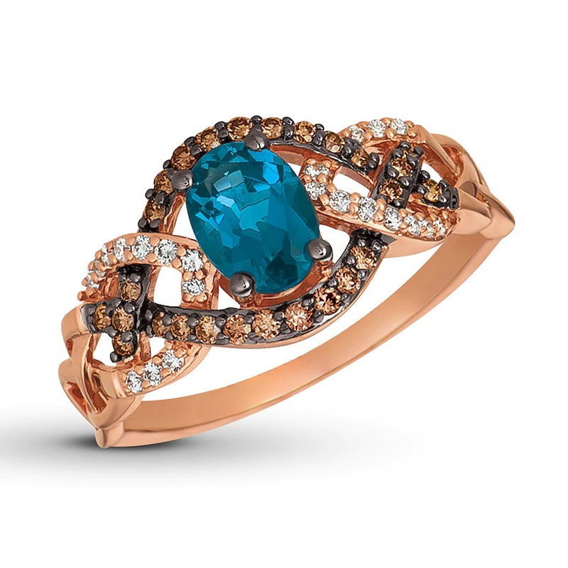 Blue Topaz Ring 1/4 ct tw Diamonds 14K Strawberry Gold