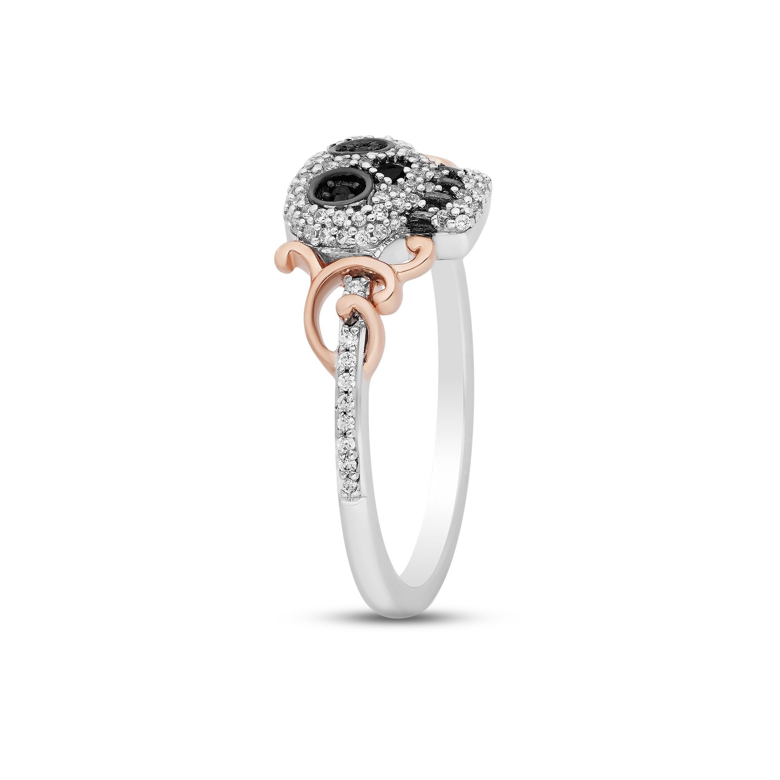 Black & White Diamond Sugar Skull Ring 1/5 ct tw Sterling Silver & 10K Rose Gold