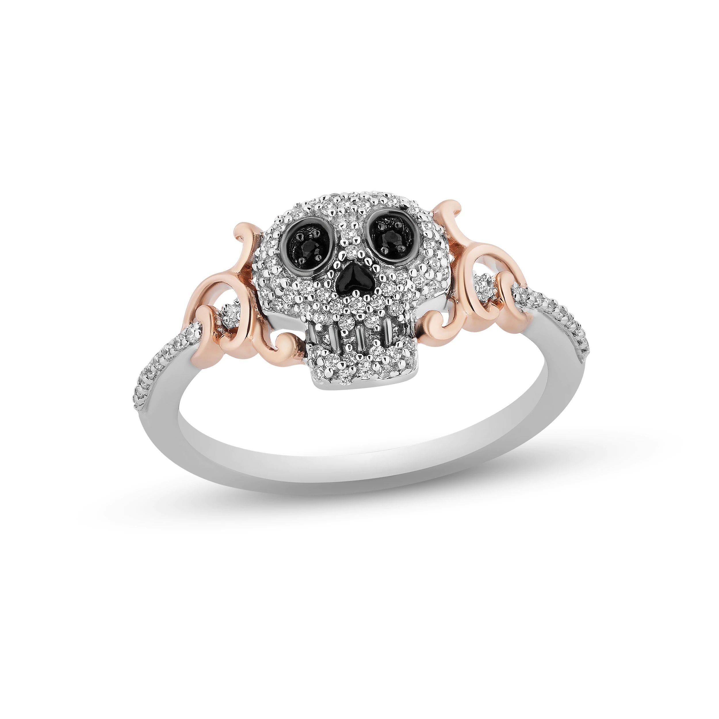Black & White Diamond Sugar Skull Ring 1/5 ct tw Sterling Silver & 10K Rose Gold