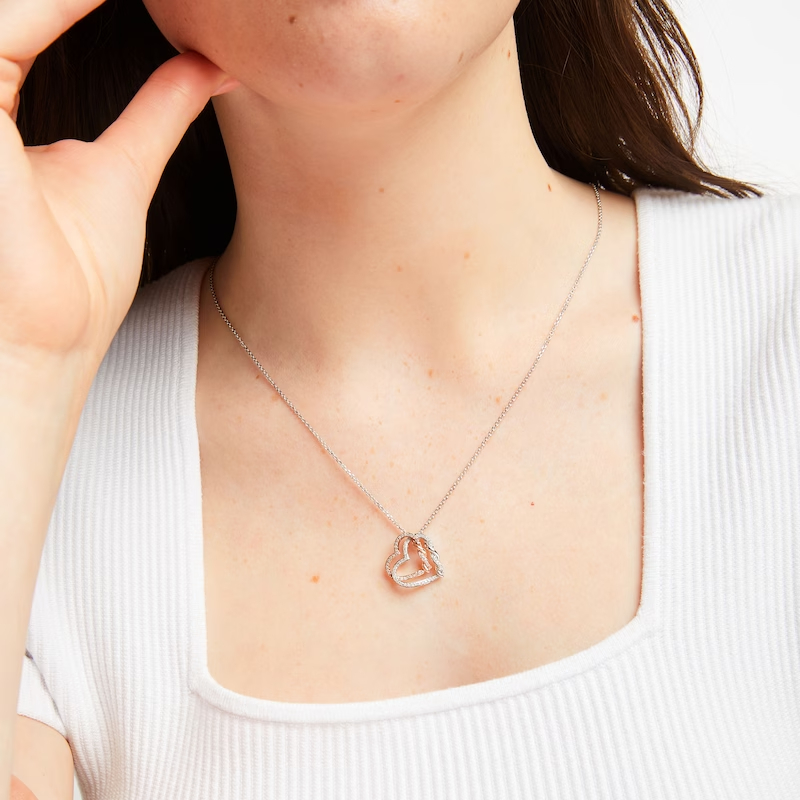 Hearts Necklace 1/4 ct tw 10K Rose Gold Sterling Silver 18”