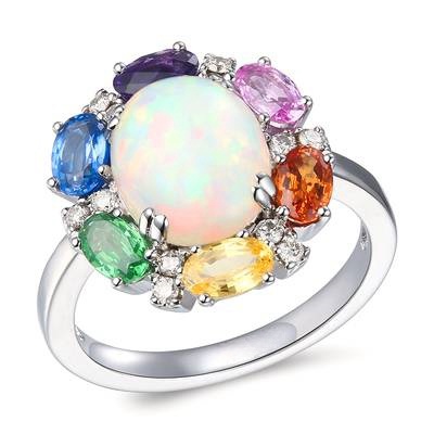 Ringfeaturing17/8cts.NeopolitanOpal,1/3cts.BlueberrySapphire,1/3cts.Spessartite,1/4cts.BubbleGumPinkSapphire,1/4cts.YellowSapphire,1/5cts.DarkAmethyst,1/6cts.ForestGreenTsavorite,1/6cts.NudeDiamondssetin