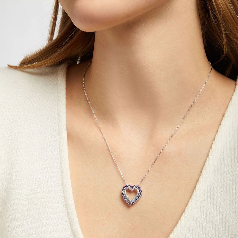 Vibrant Shades Amethyst, Tanzanite, White Sapphire Heart Necklace Sterling Silver 18′′
