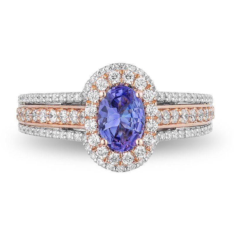 Ova lTanzanite and3/4CT.T.W.Diamond Double Frame Engagement Ring in 14K Two-Tone Gold