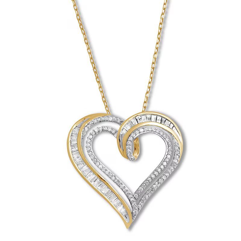 Diamond Heart Necklace 1/2 ct tw Round & Baguette 10K Yellow Gold 18′′