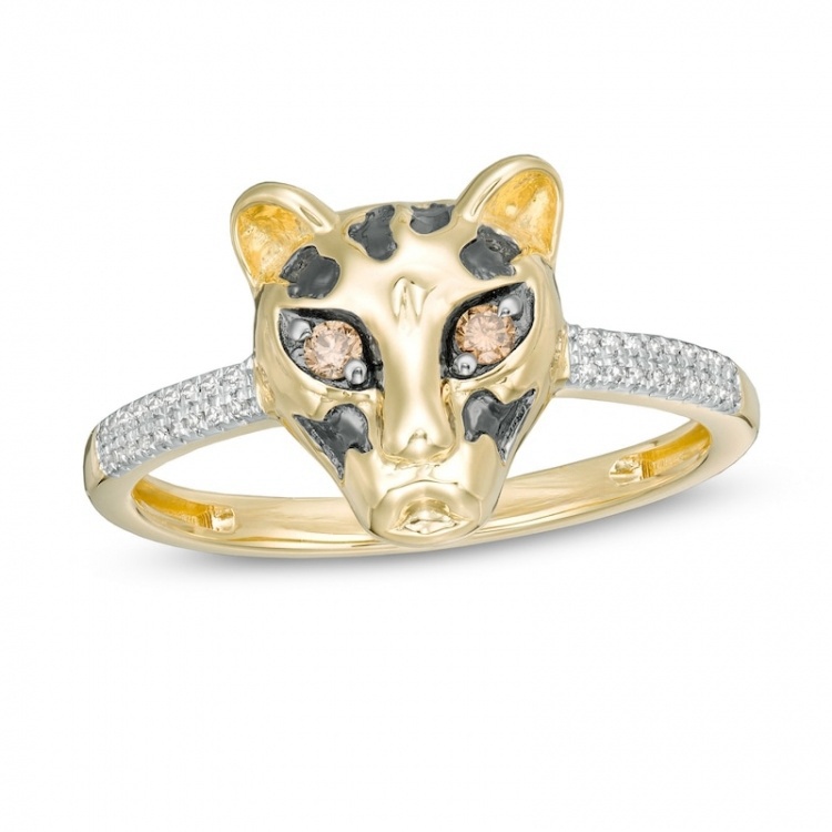 1/10 CT. T.W. Champagne and White Diamond Cheetah Ring in 10K Gold and Black Rhodium:1/10 CT. T.W. Champagne and White Diamond Cheetah Ring in 10K Gold and Black Rhodium