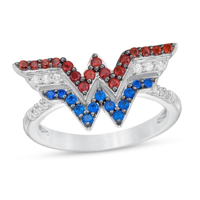 Garnet, Blue Sapphire and 1/15 CT. T.W. Diamond Symbol Ring in Sterling Silver