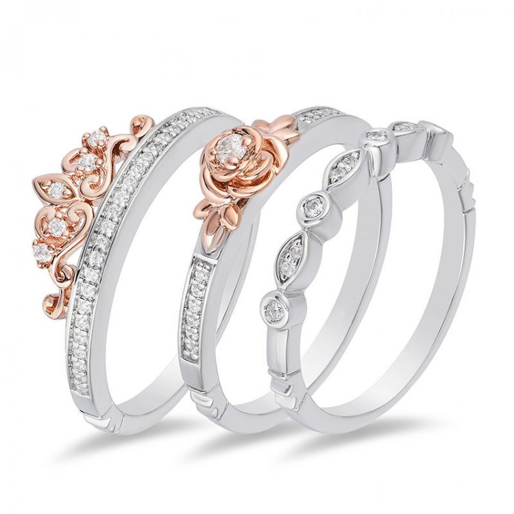 1/5CTTWDiamondRoseStackableBandSetinSterlingSilverand10KRoseGold