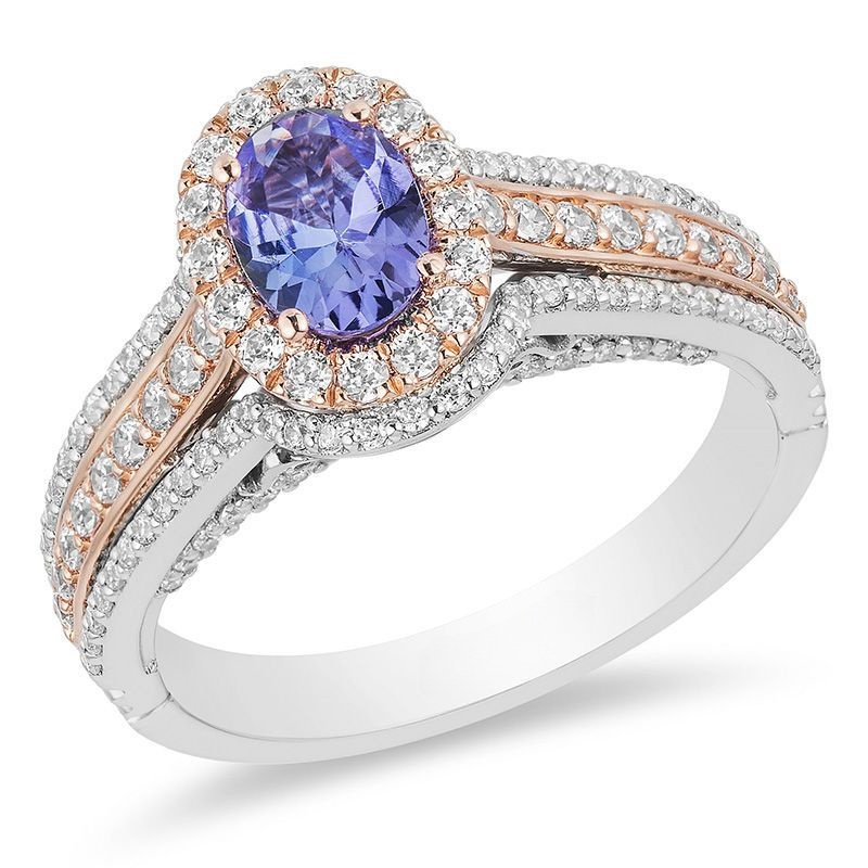 Ova lTanzanite and3/4CT.T.W.Diamond Double Frame Engagement Ring in 14K Two-Tone Gold