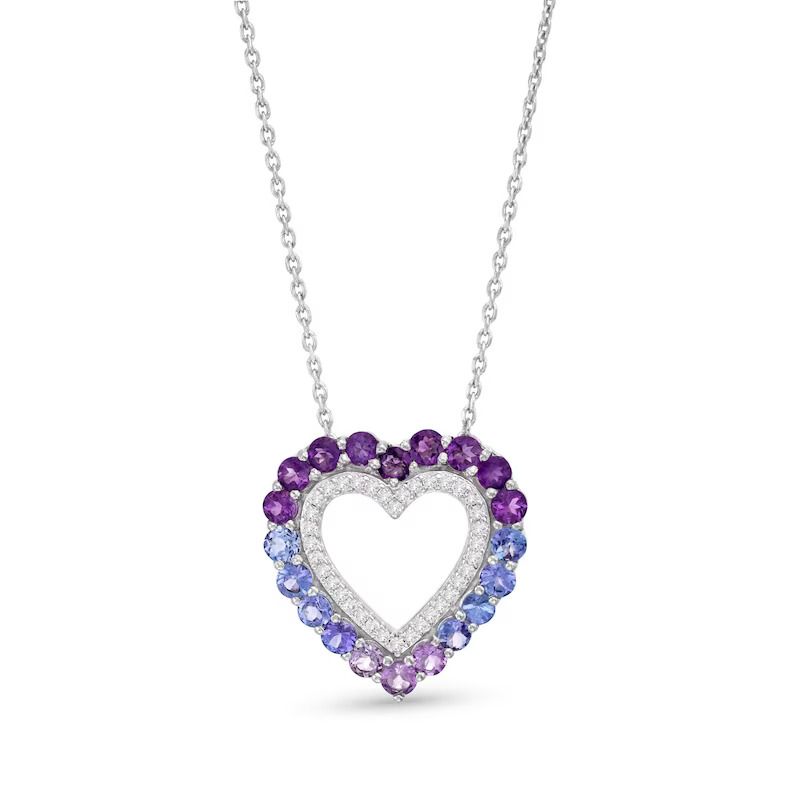 Vibrant Shades Amethyst, Tanzanite, White Sapphire Heart Necklace Sterling Silver 18′′